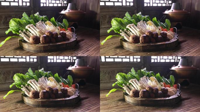 沸腾的涮肉火锅Knolling蘑菇木桌面