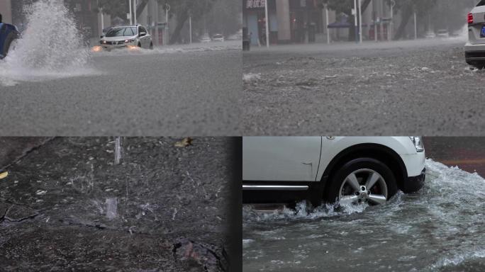 马路水淹城市大雨后道路积水