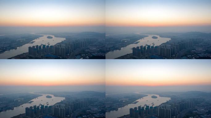 航拍城市 江河港口清晨日出 延时摄影