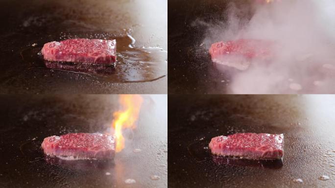铁板牛肉高档日本雪花牛肉烟火火焰