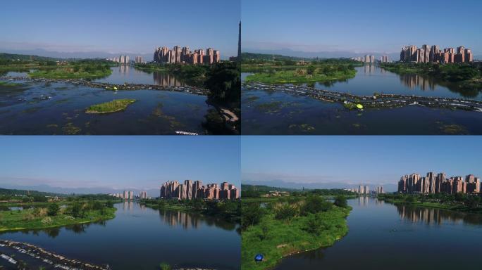 成都邛崃航拍西岭雪山下的公园城市风光