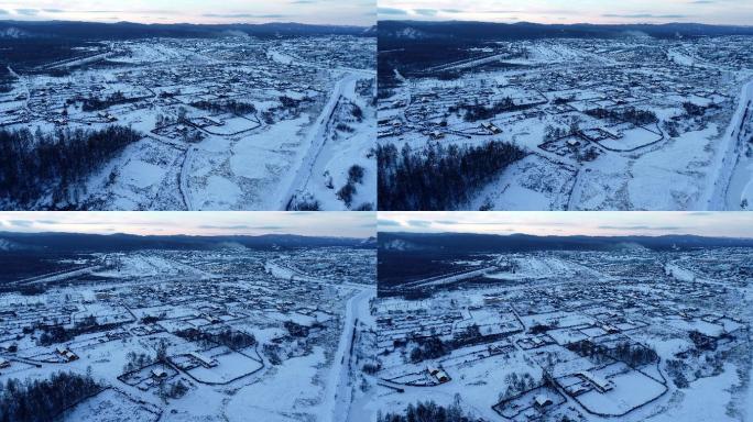 航拍大兴安岭森林小镇莫尔道嘎人家雪景