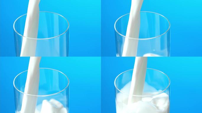 牛奶倒入玻璃杯中白色蓝色流动