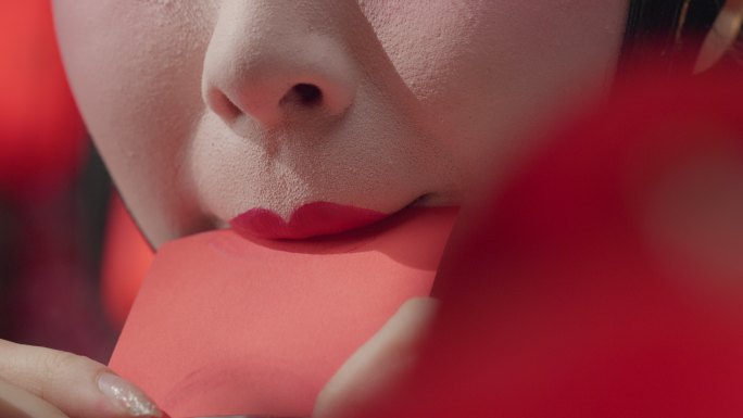 京剧女演员化妆红色嘴唇唯美意境红色卡纸涂