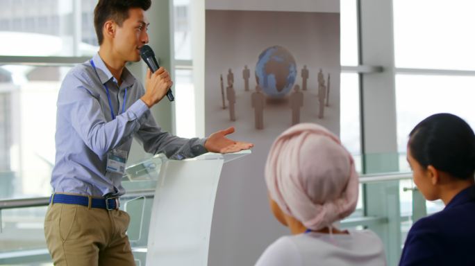 Male speaker speaking in the business seminar 4k