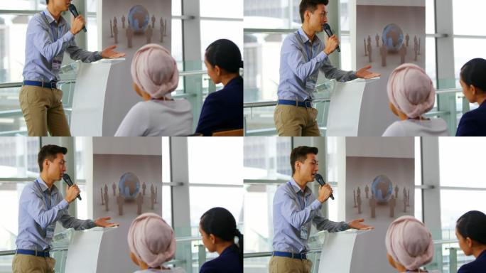 Male speaker speaking in the business seminar 4k