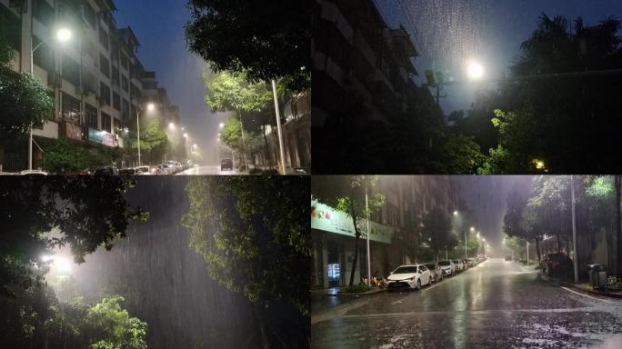夜雨绿树光影雨夜街灯逆光影子雨滴雨丝大雨