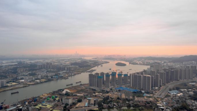 航拍城市 江河港口清晨日出 延时摄影