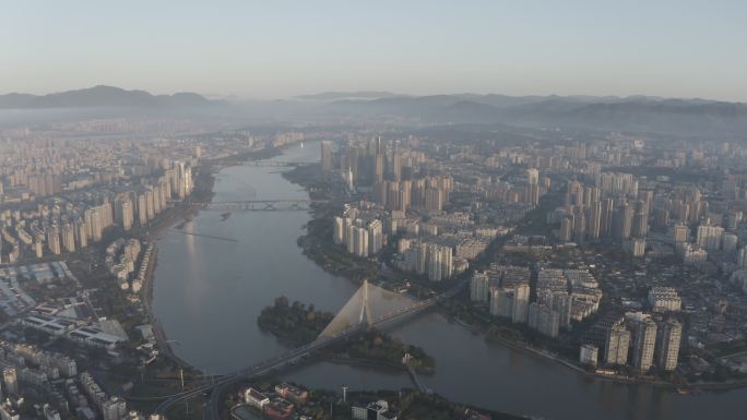 福州日出解放大桥全景天空街道航拍大景