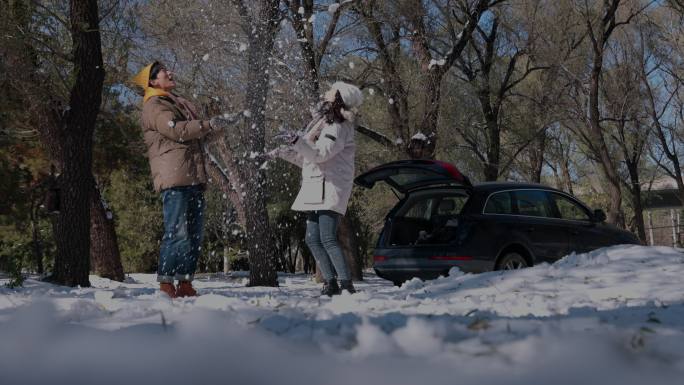 幸福情侣在雪地里玩耍