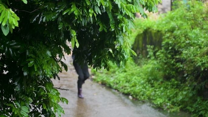 一个人在下雨中走动