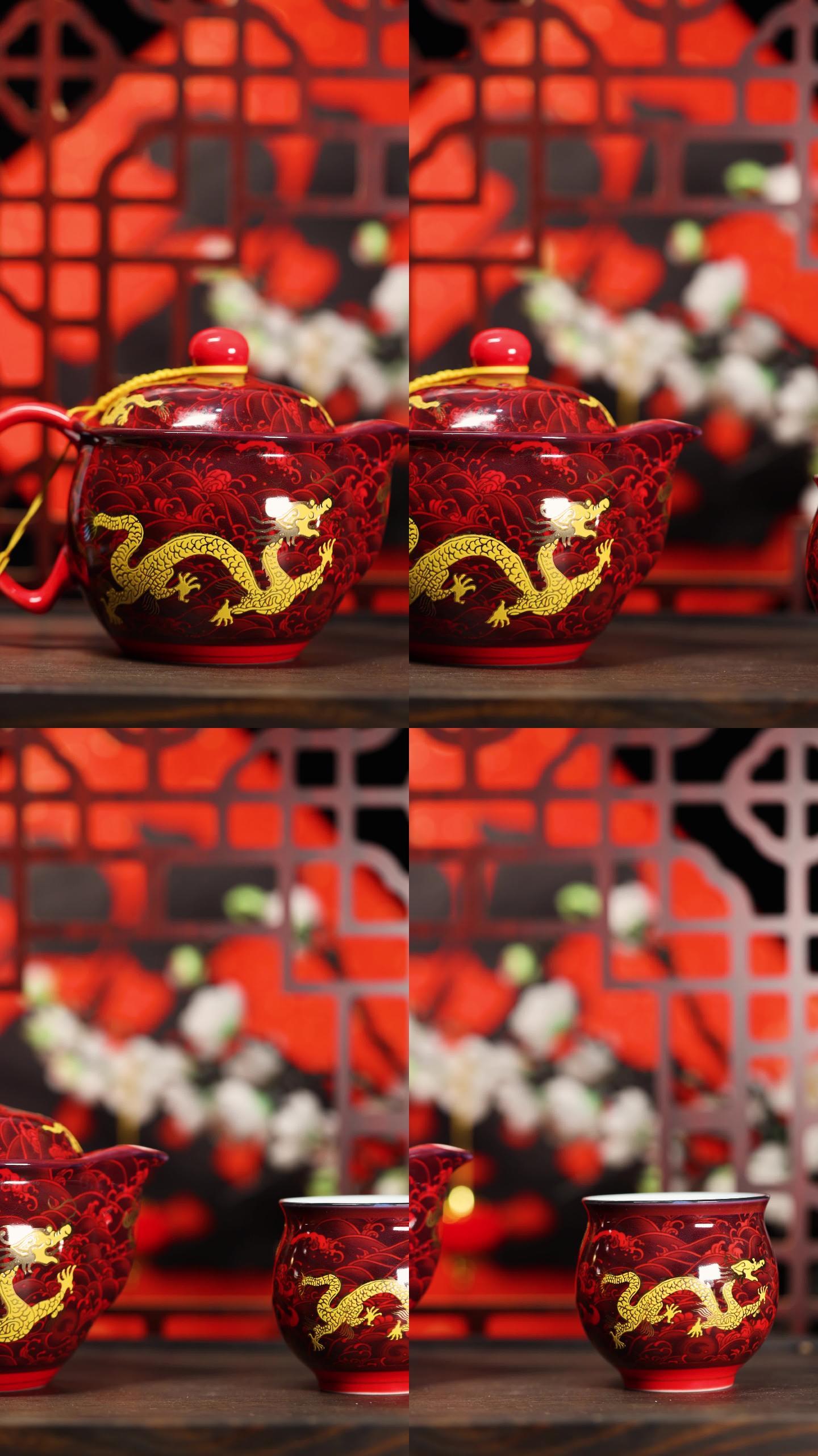 桌子上的红色茶具