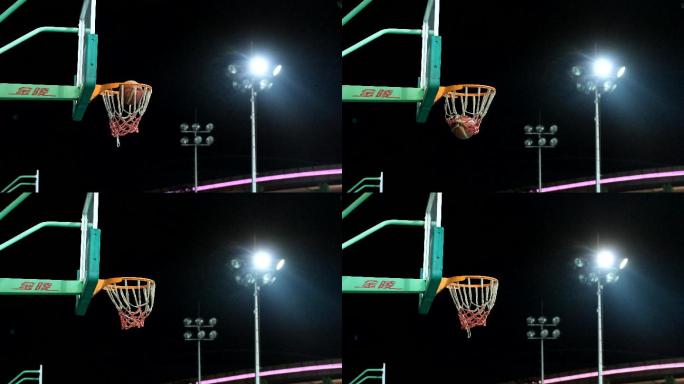 夜晚灯光篮球入球入框的特写