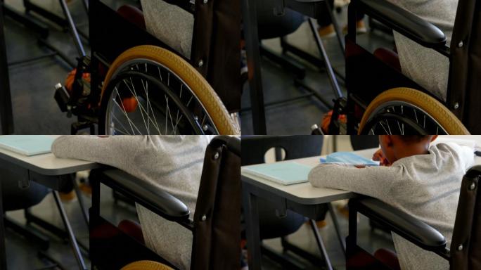 后视图的残疾非洲裔美国女学生在教室课桌在学校4k
