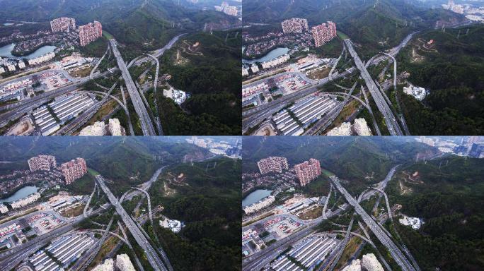 航拍深圳龙华区山丘之间绕城公路枢纽