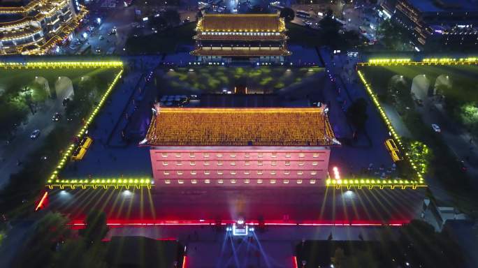 西安南门永宁门城墙夜景航拍灯光秀