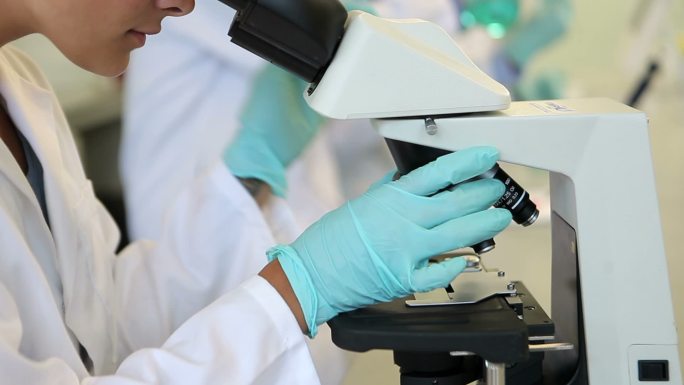 在实验室工作的理科学生在大学里通过显微镜观察