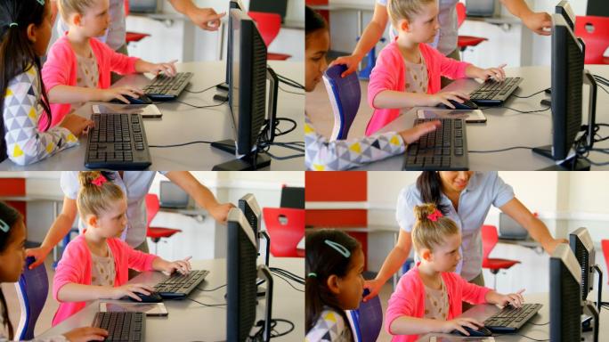 亚洲女教师在学校用电脑教孩子们4k