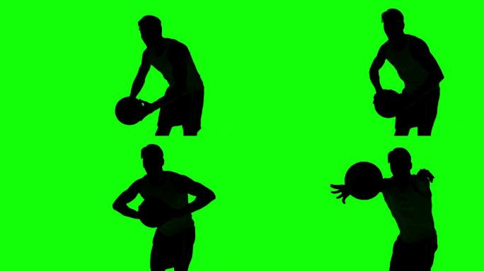 男人剪影在绿色背景下打篮球动画特效