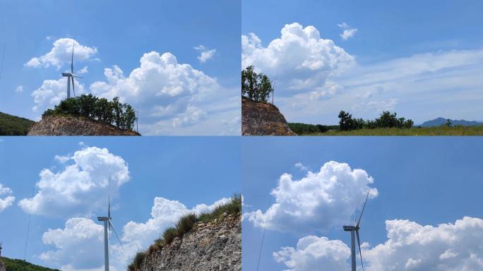 蓝天白云，山顶上的风力发电塔