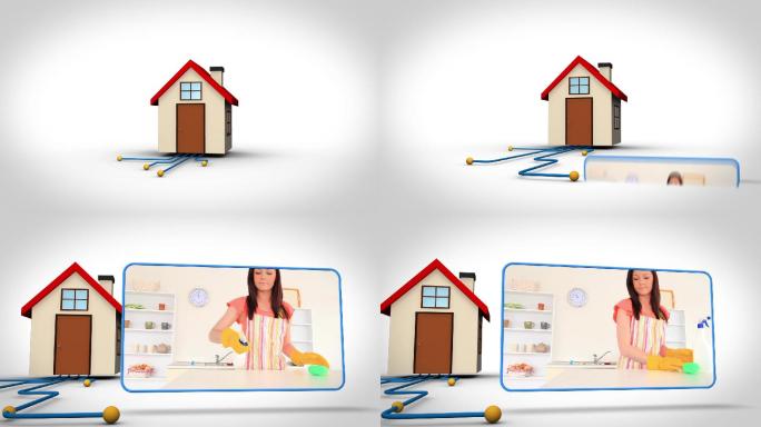 动画与3d房屋插图和视频的妇女清洁厨房