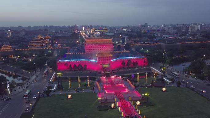 西安南门永宁门城墙夜景航拍灯光秀