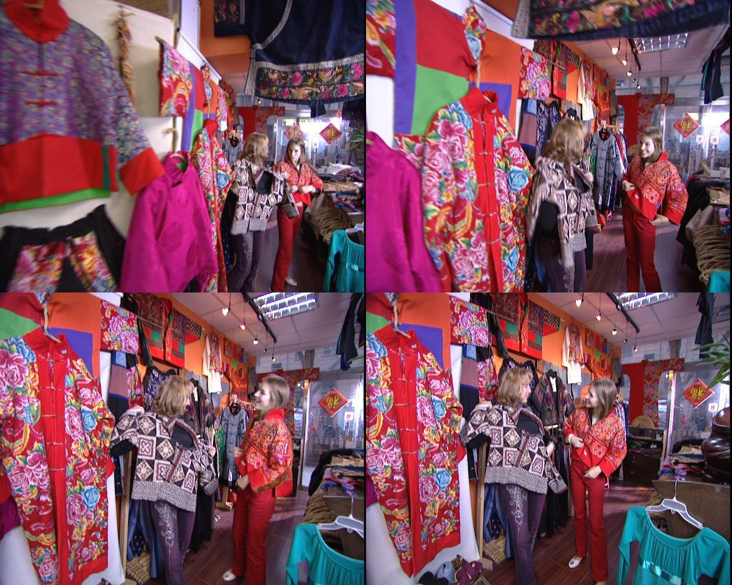 西方女人购物花布棉袄中国文化中式服饰