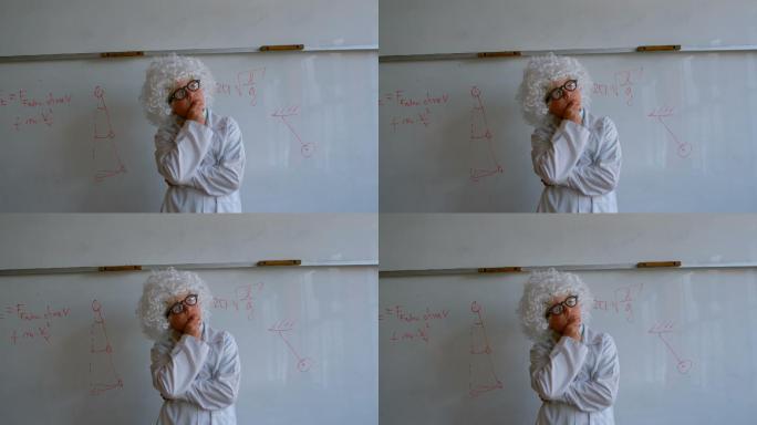 可爱的白人学生在白色假发与手下巴站在学校实验室4k