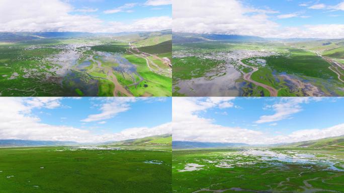 西藏当雄县湿地草原风景航拍 湖泊湿地草原