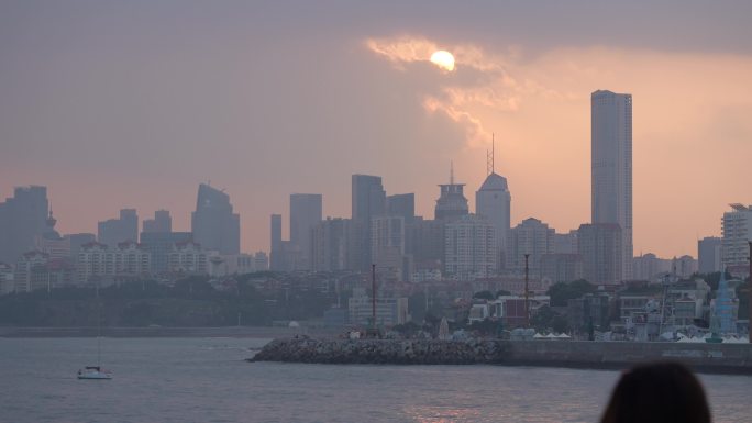 青岛小麦岛城市风光日落延时