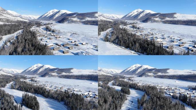 新疆阿勒泰禾木村冬景航拍