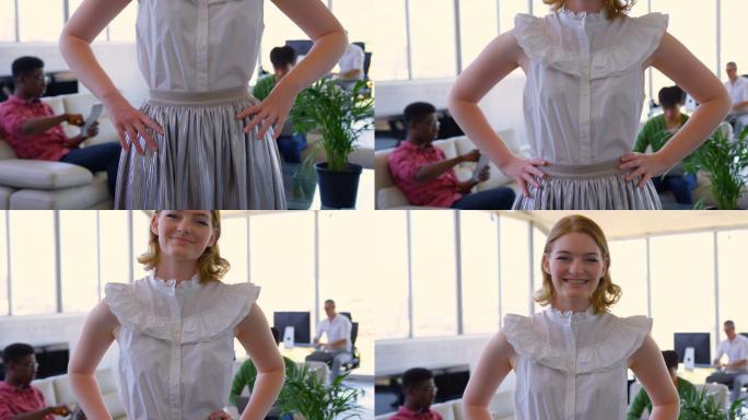 美丽的白人女性行政人员双臂交叉站在现代办公室4k