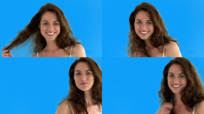 长发女人特写蓝色背景抠像美女长发