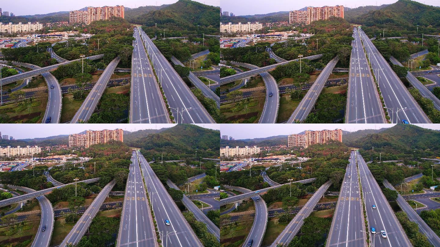 深圳龙华区城郊绕城高速公路夕阳下航拍