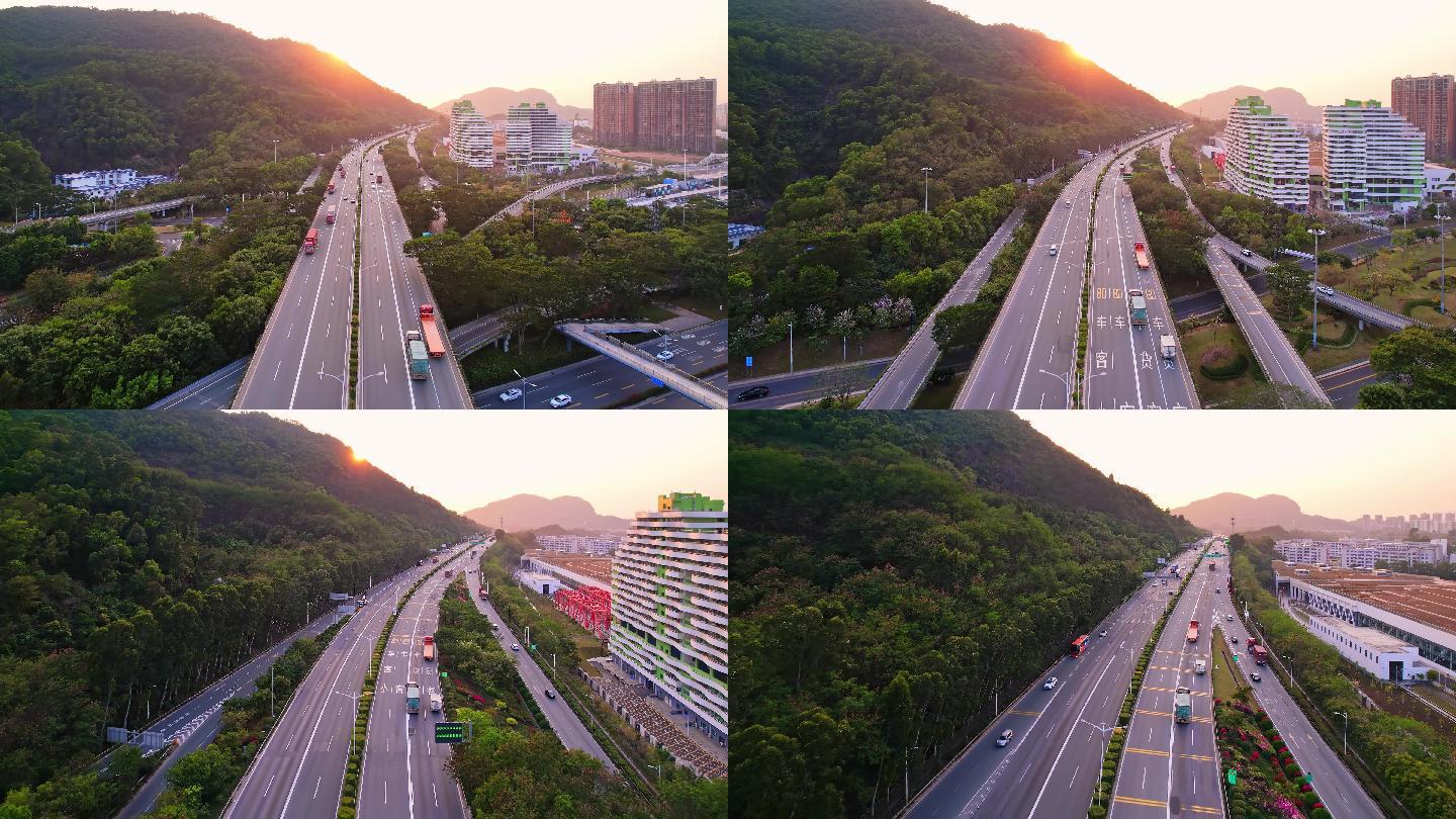 深圳龙华区城郊绕城高速公路夕阳下航拍