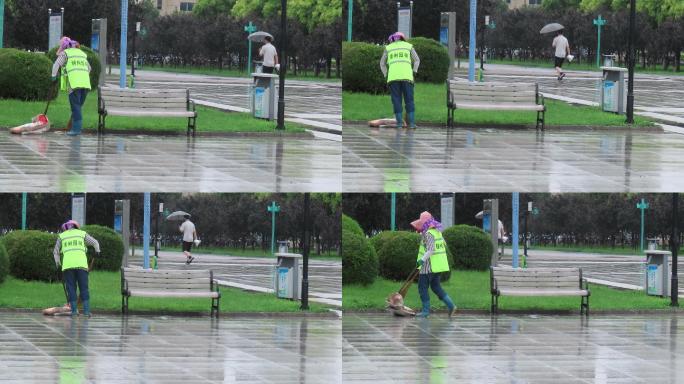 下雨天的园林清洁工