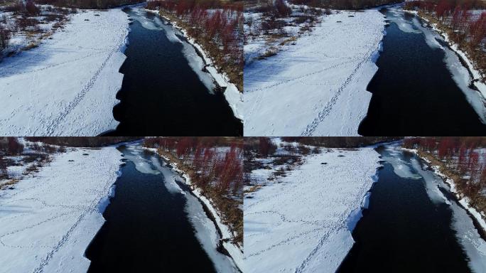 航拍内蒙古早春扎敦河雪景