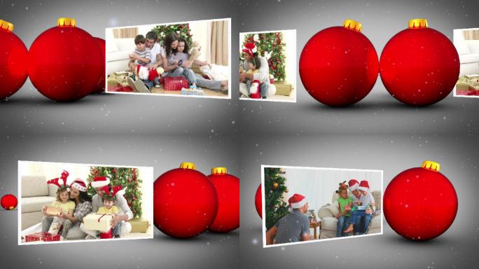 圣诞球动画与家庭打开他们的礼物