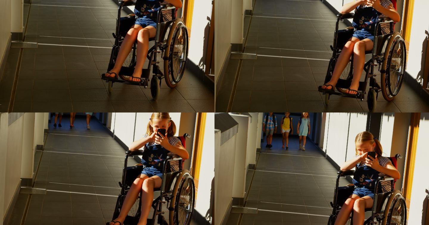 残疾女生在走廊使用手机4k