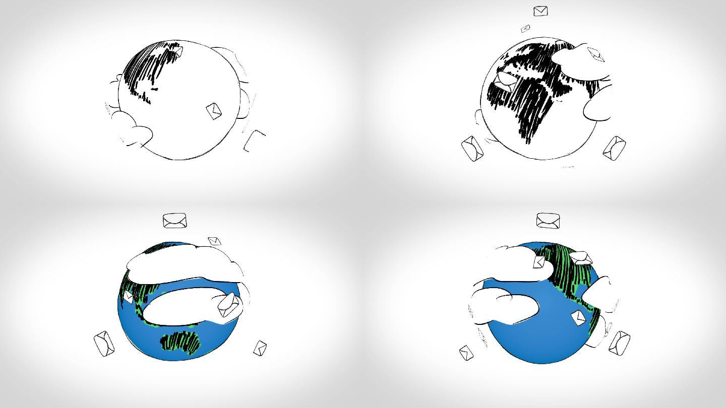 彩色动画显示信封在白色背景上环绕地球