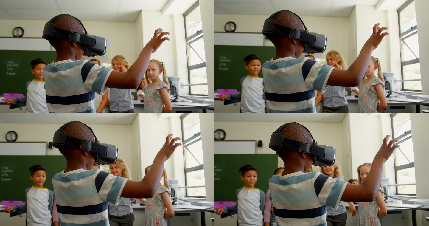 学生使用虚拟现实耳机在教室在学校4k