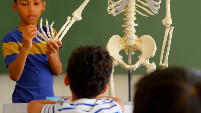 混血男孩解释骨架模型在教室在学校4k