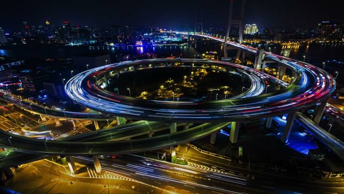 上海南浦大桥夜景桥梁车流晚高峰