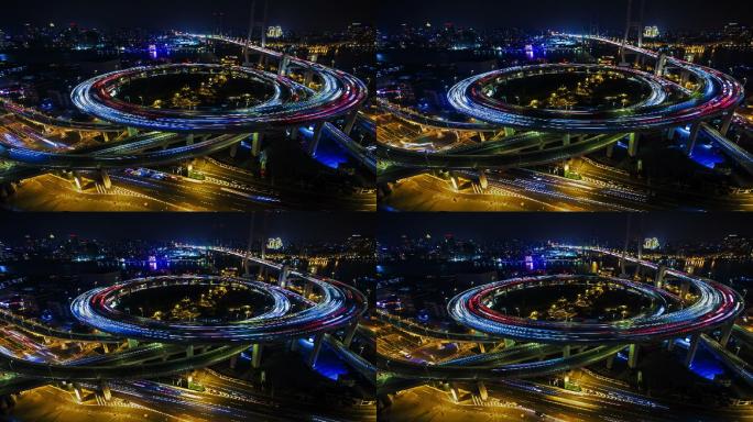 上海南浦大桥夜景桥梁车流晚高峰