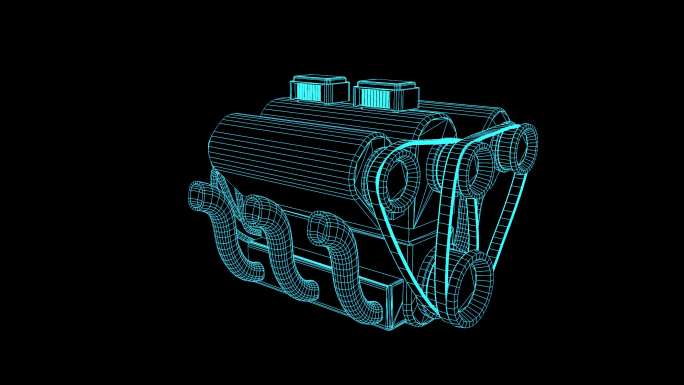 4K蓝色线框全息科技汽车引擎动画带通道