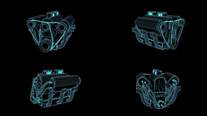 4K蓝色线框全息科技汽车引擎动画带通道