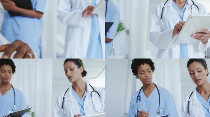 病房内非裔美国女医生在男病人手上输液的正面图
