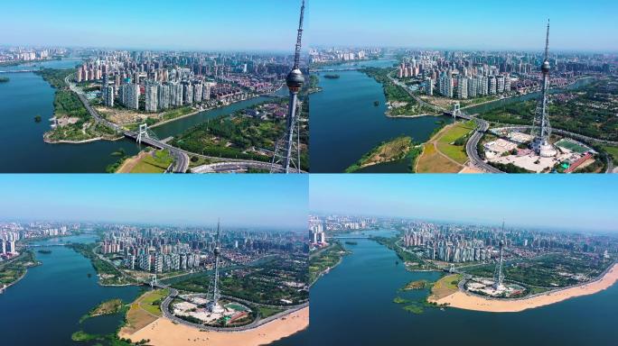 4K倒飞航拍临沂市三河口城市夏季风景