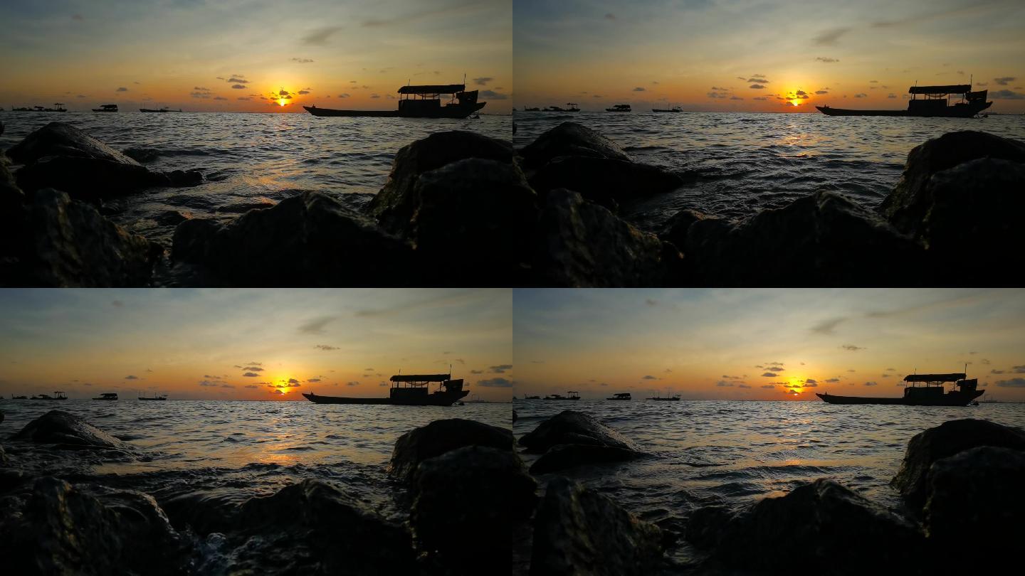 码头夕阳渔船礁石