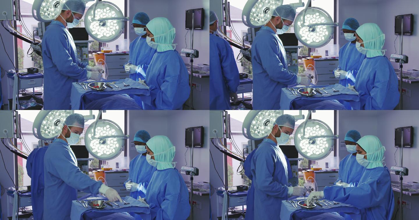 白种外科医生在手术室进行手术的侧视图